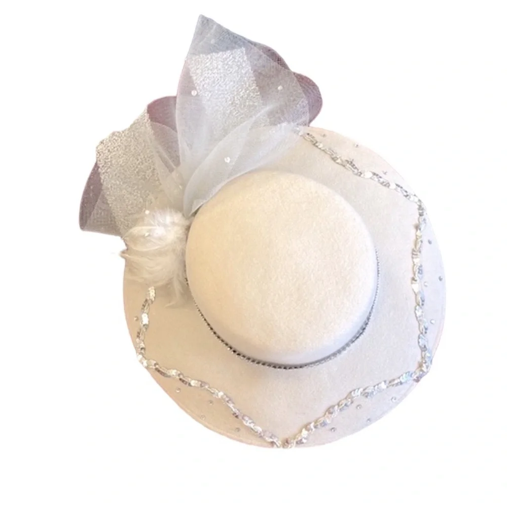 Vintage Donna Vinci Couture | Wool Church‎ Hat Light Beige Sequins Mesh Feathers